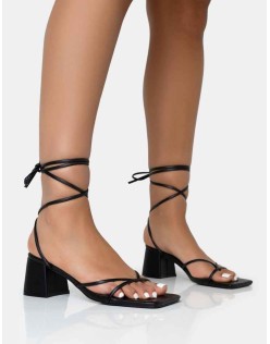 Casey Black Strappy Lace Up Square Toe Low Block Heel Sandals
