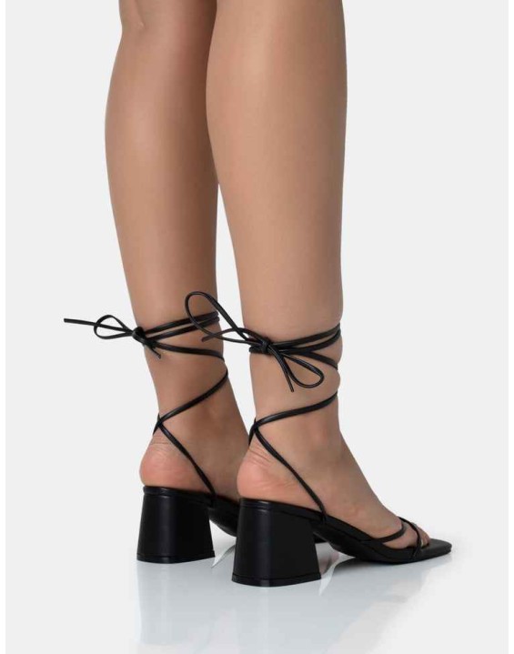 Casey Black Strappy Lace Up Square Toe Low Block Heel Sandals