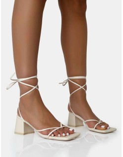 Casey Ecru Strappy Lace Up Square Toe Low Block Heel Sandals