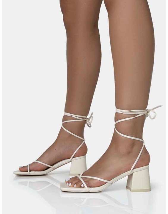 Casey Ecru Strappy Lace Up Square Toe Low Block Heel Sandals