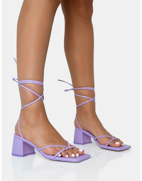 Casey Lilac Strappy Lace Up Square Toe Low Block Heel Sandals