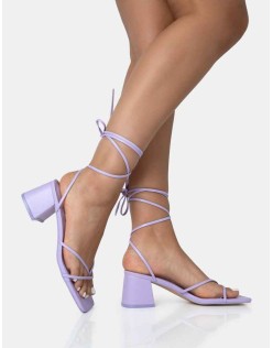 Casey Lilac Strappy Lace Up Square Toe Low Block Heel Sandals