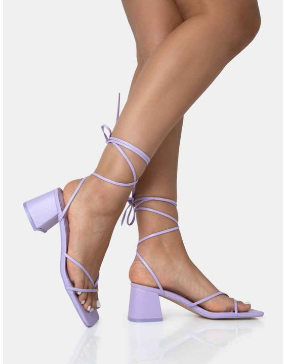 Casey Lilac Strappy Lace Up Square Toe Low Block Heel Sandals