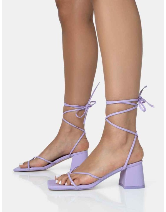 Casey Lilac Strappy Lace Up Square Toe Low Block Heel Sandals