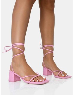 Casey Wide Fit Baby Pink Strappy Lace Up Square Toe Low Block Heel Sandals