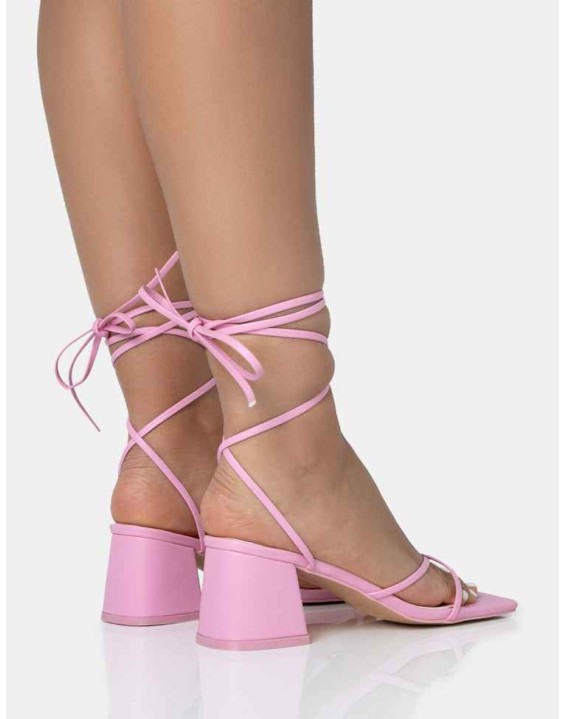 Casey Wide Fit Baby Pink Strappy Lace Up Square Toe Low Block Heel Sandals