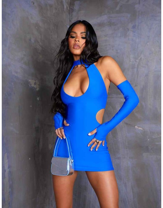 High Neck Cut Away Long Sleeve Mini Dress Cobalt Blue