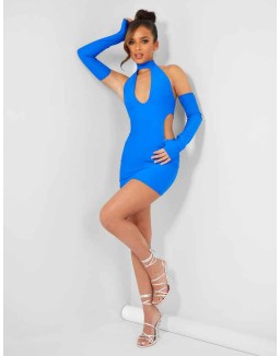 High Neck Cut Away Long Sleeve Mini Dress Cobalt Blue