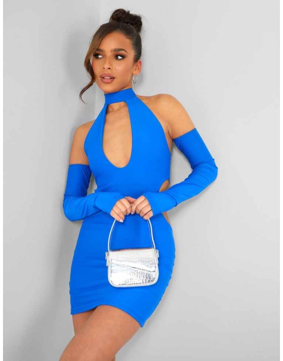 High Neck Cut Away Long Sleeve Mini Dress Cobalt Blue