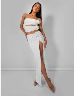 Rose Detail Extreme Split Maxi Skirt Ivory