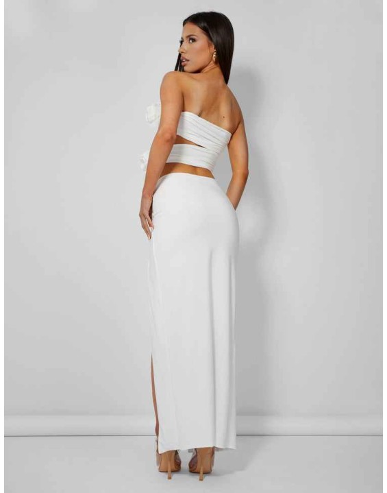 Rose Detail Extreme Split Maxi Skirt Ivory