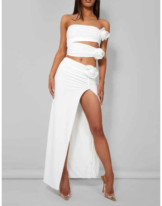Rose Detail Extreme Split Maxi Skirt Ivory