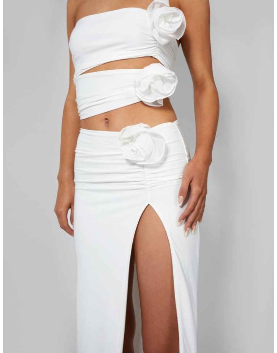 Rose Detail Extreme Split Maxi Skirt Ivory