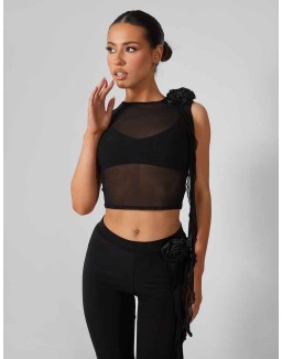 Rose Detail Sleeveless Mesh Top Black