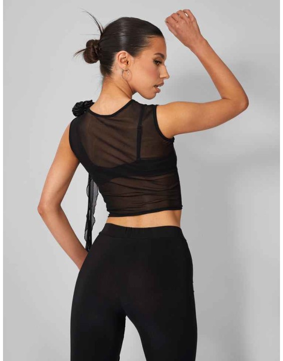 Rose Detail Sleeveless Mesh Top Black