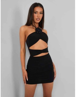 Rose Detail Halter Tie Neck Mini Dress Black