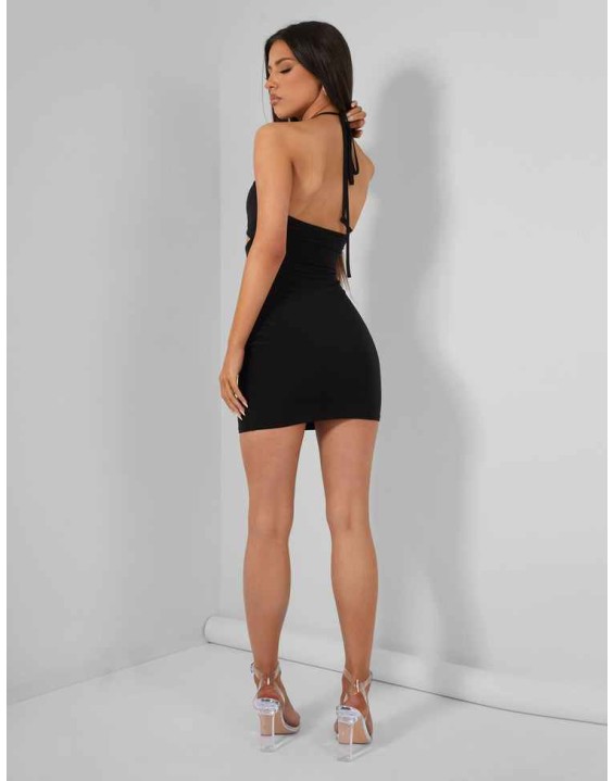 Rose Detail Halter Tie Neck Mini Dress Black