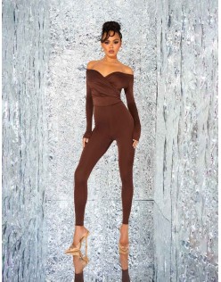 Second Skin Off Shoulder Ruched Unitard Jumpsuit Brown