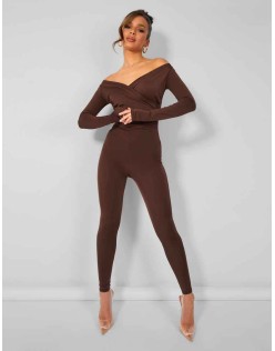 Second Skin Off Shoulder Ruched Unitard Jumpsuit Brown