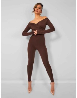 Second Skin Off Shoulder Ruched Unitard Jumpsuit Brown