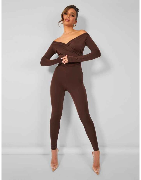 Second Skin Off Shoulder Ruched Unitard Jumpsuit Brown