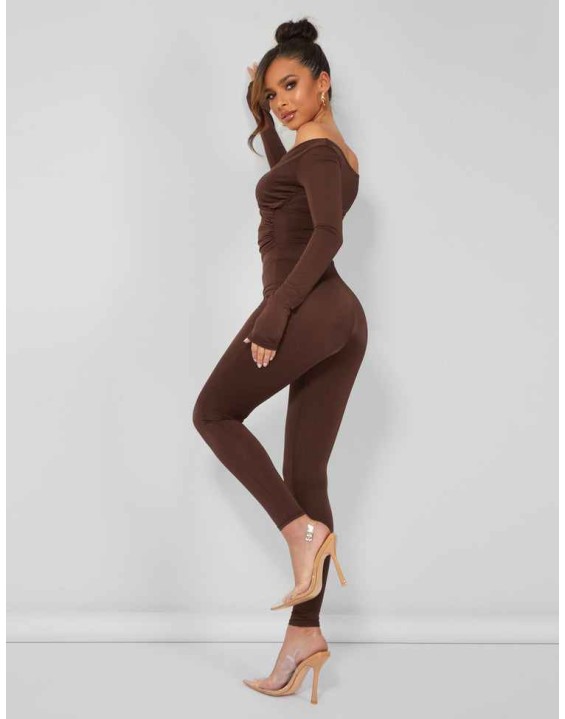 Second Skin Off Shoulder Ruched Unitard Jumpsuit Brown
