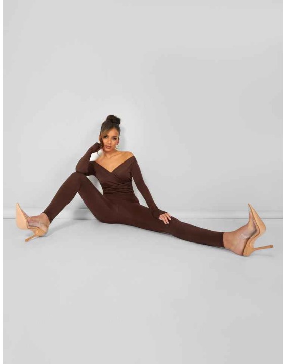 Second Skin Off Shoulder Ruched Unitard Jumpsuit Brown
