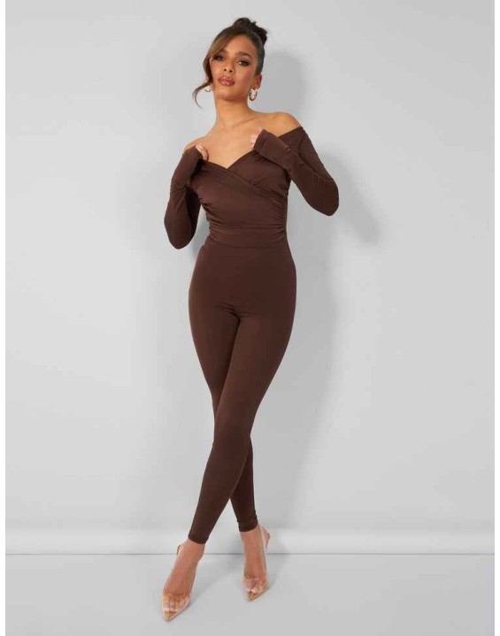 Second Skin Off Shoulder Ruched Unitard Jumpsuit Brown