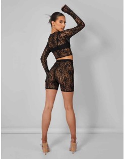 Second Skin Lace Long Sleeve Fitted T-shirt Black