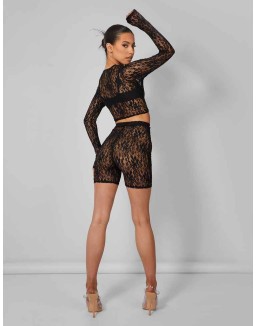 Second Skin Lace Long Sleeve Fitted T-shirt Black