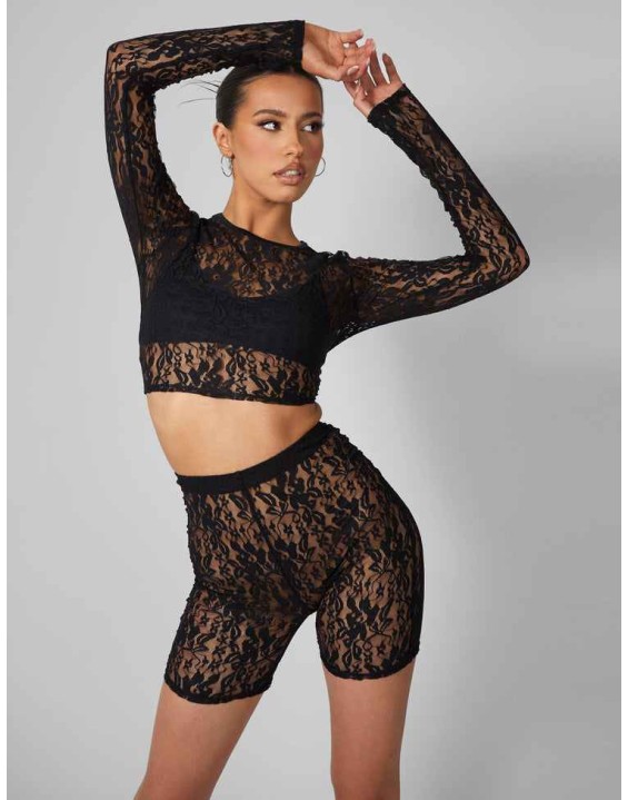 Second Skin Lace Long Sleeve Fitted T-shirt Black