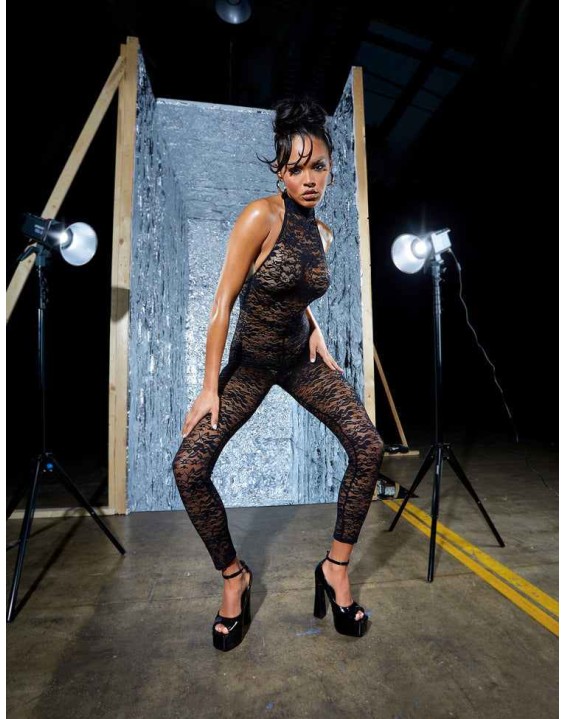 Second Skin Lace High Neck Jumpsuit Black