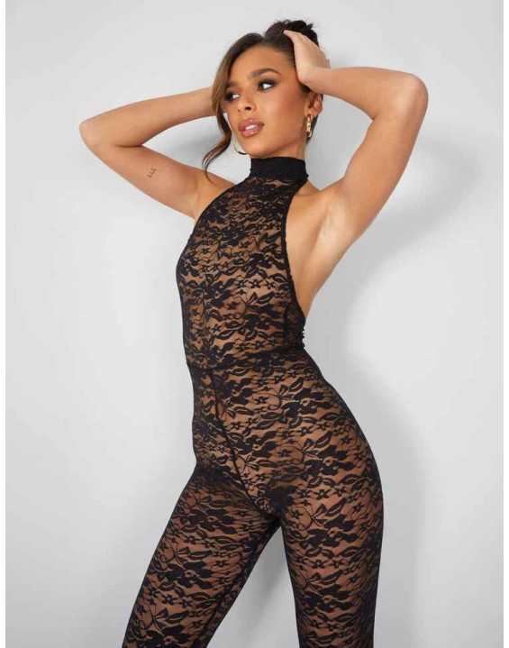 Second Skin Lace High Neck Jumpsuit Black