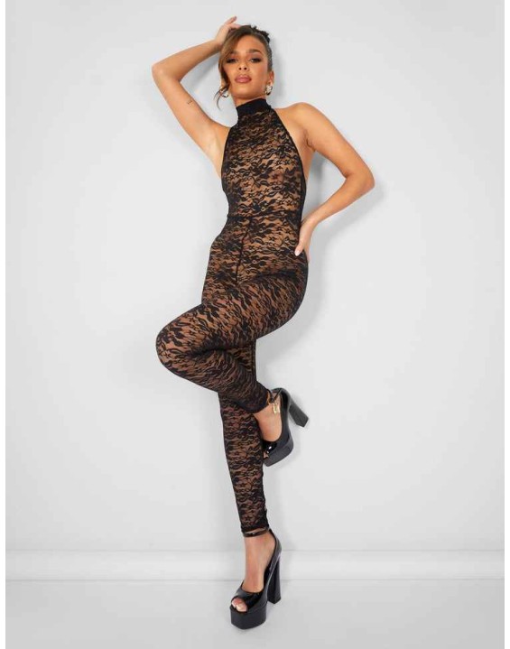 Second Skin Lace High Neck Jumpsuit Black