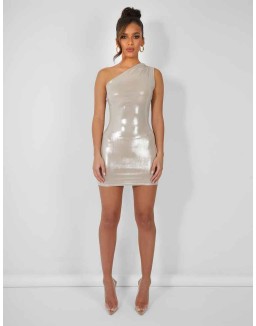 One Shoulder Ruched Metallic Mini Dress Champagne