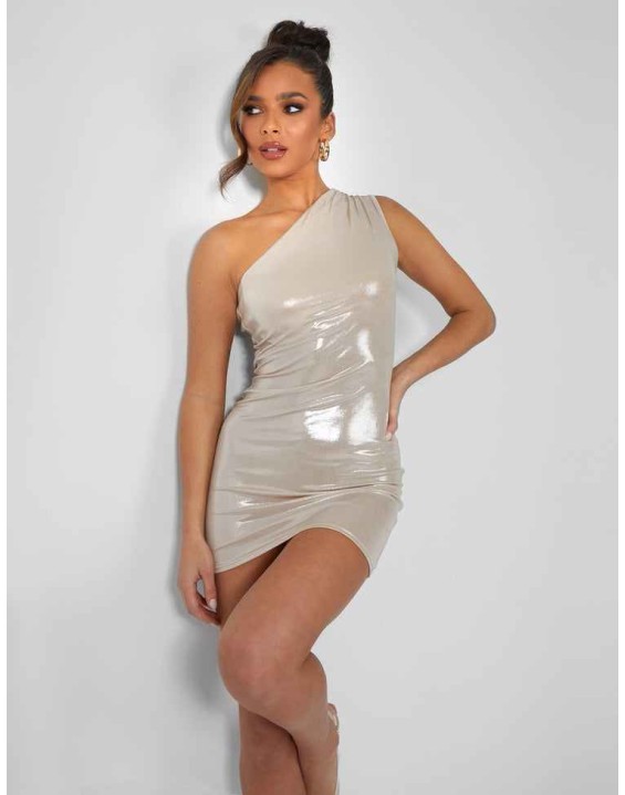 One Shoulder Ruched Metallic Mini Dress Champagne