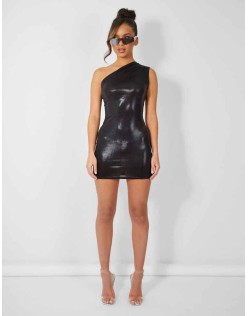 One Shoulder Ruched Metallic Mini Dress Black