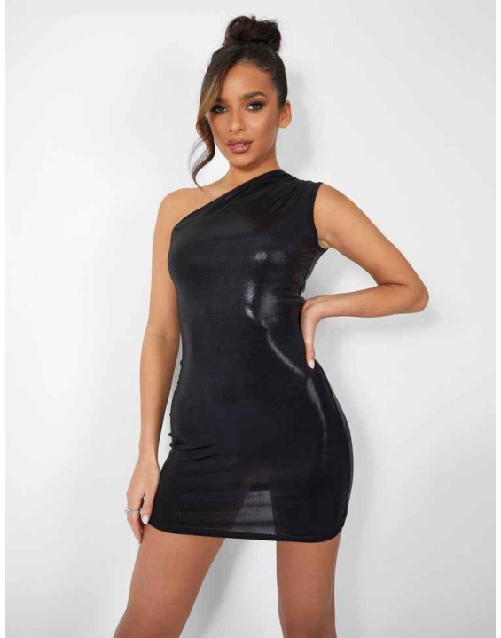 One Shoulder Ruched Metallic Mini Dress Black