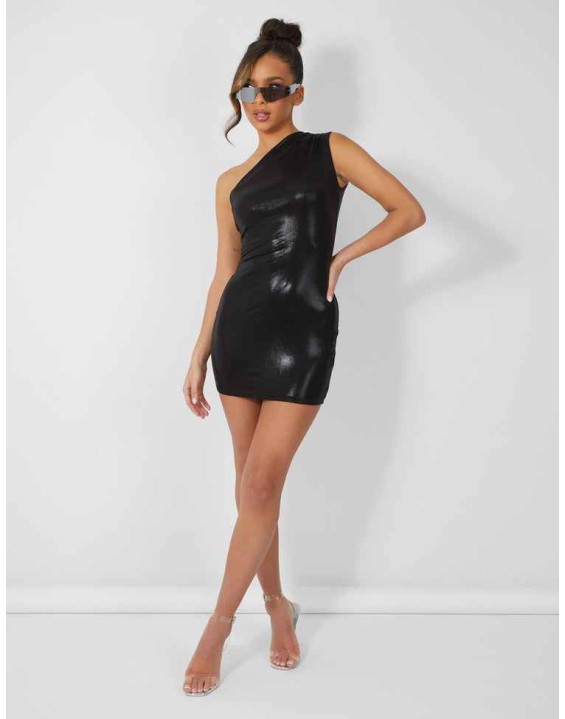 One Shoulder Ruched Metallic Mini Dress Black