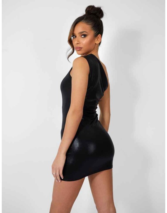 One Shoulder Ruched Metallic Mini Dress Black