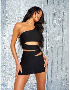 One Shoulder Asymetric Cut Out Mini Dress Black