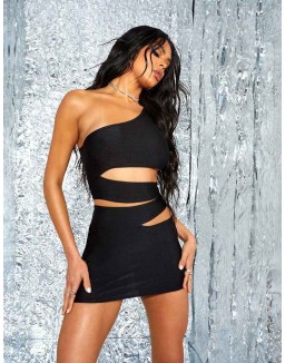 One Shoulder Asymetric Cut Out Mini Dress Black