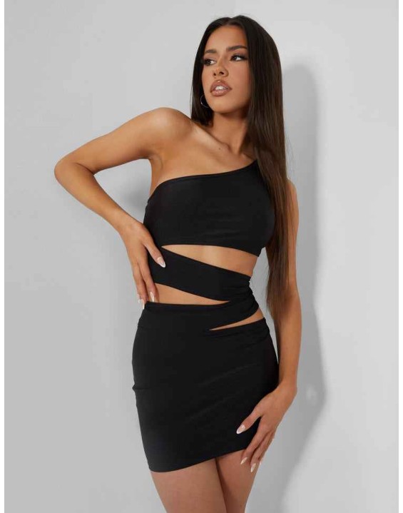One Shoulder Asymetric Cut Out Mini Dress Black