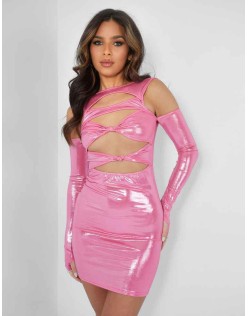 Cut Away Knotted Detail Metallic Mini Dress Pink
