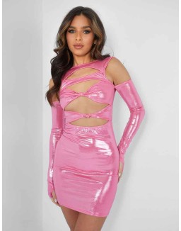 Cut Away Knotted Detail Metallic Mini Dress Pink