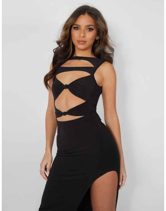 Cut Away Knotted Detail Extreme Spilt Maxi Dress Black