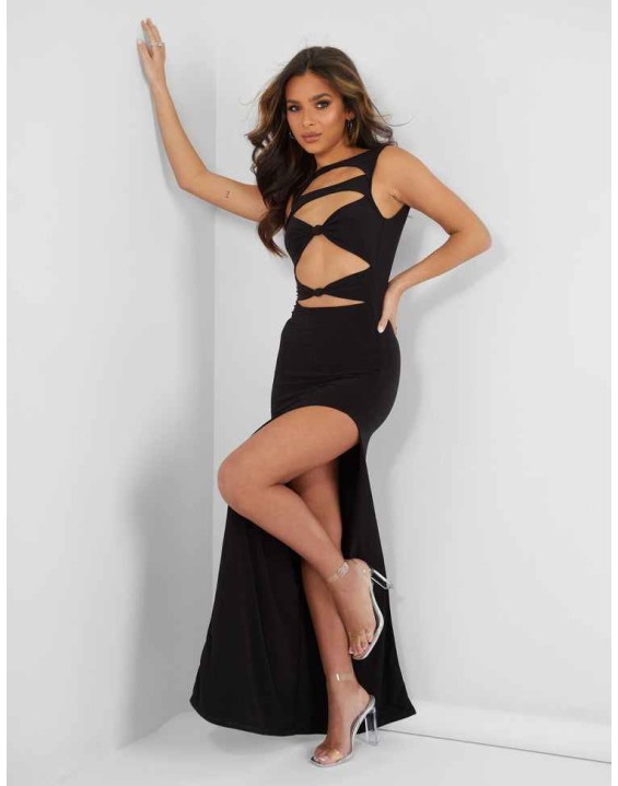Cut Away Knotted Detail Extreme Spilt Maxi Dress Black
