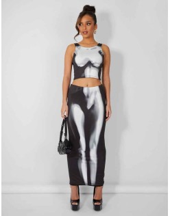 Body Heat Print Slinky Midaxi Skirt Black