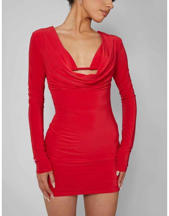 Cowl Neck Long Sleeve Mini Dress Red