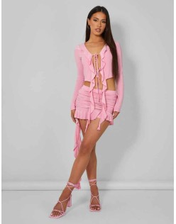 Frill Detail Ruched Mini Skirt Baby Pink